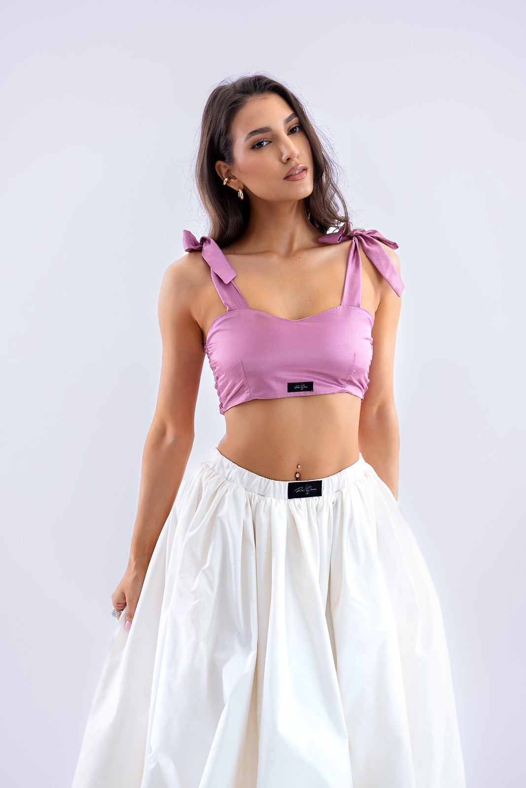 Lila pamut-selyem szatén crop top