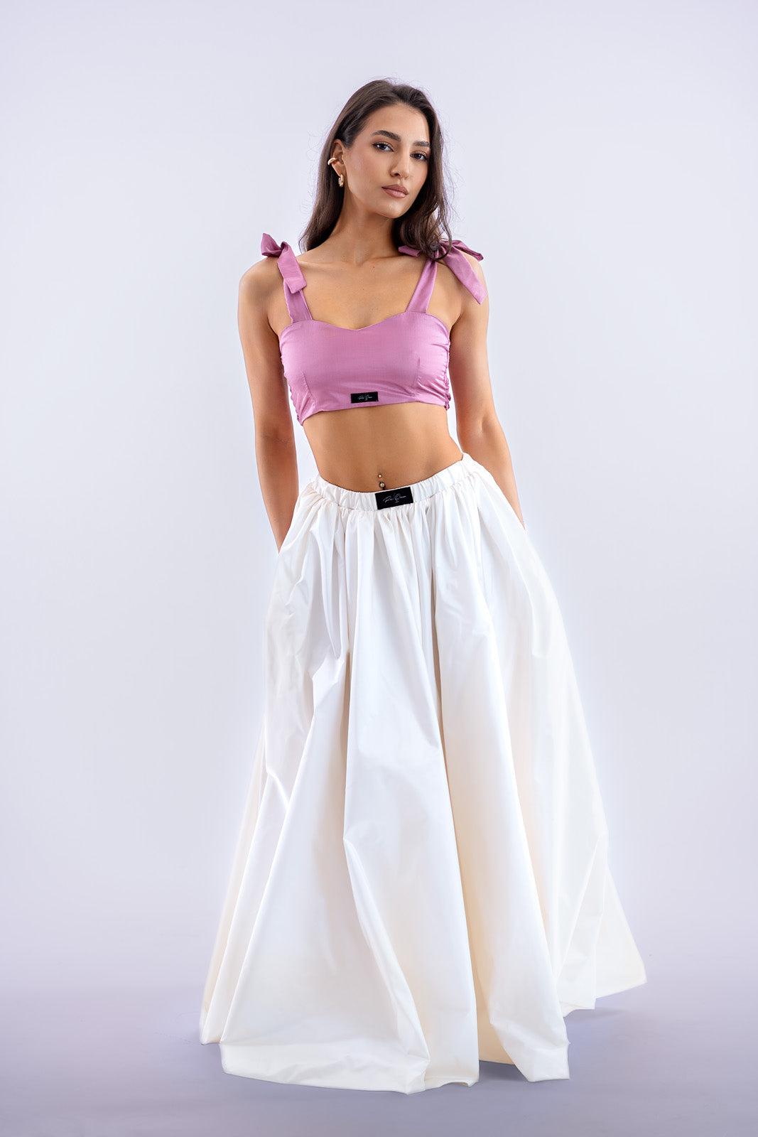 Lila pamut-selyem szatén crop top